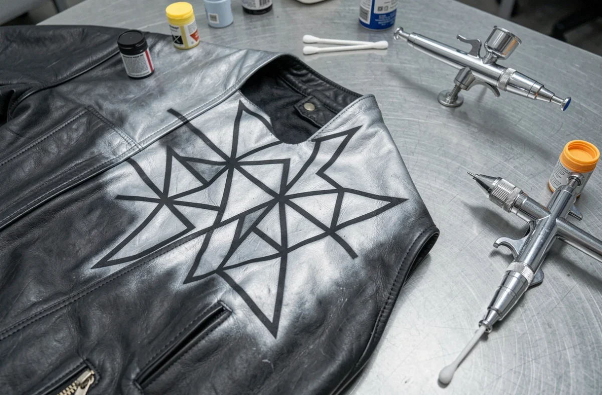 Vue rapprochée d'une veste en cuir avec motifs géométriques peints à l'aérographe en argent métallique et noir mat