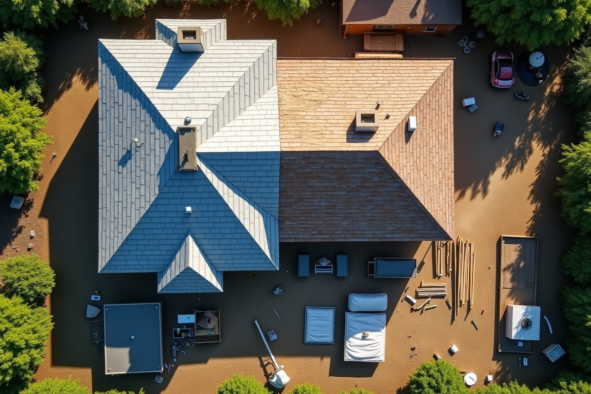Vue aérienne d une maison avec toit rénové et ancien